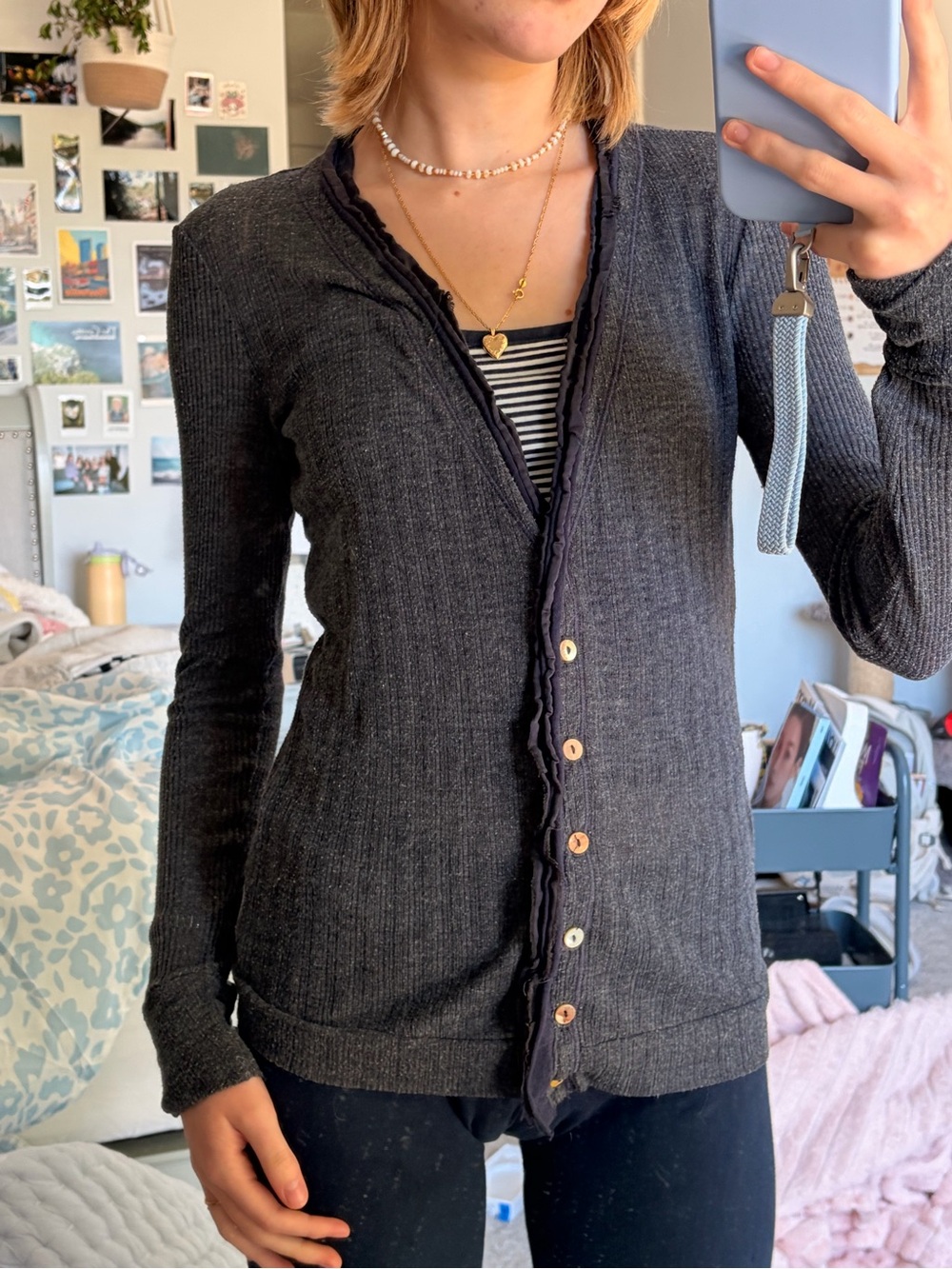 Charcoal Ruffle-Trim Button Front Women's Sweater
